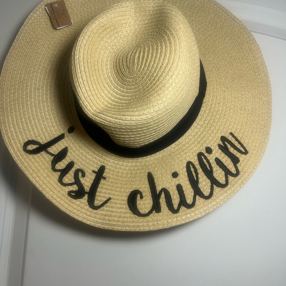 Wide Straw Sun Hat with 'Just chillin' Script